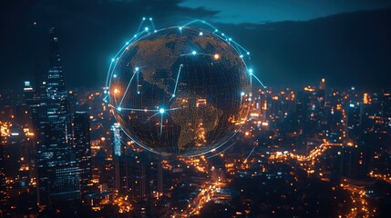 Cybersecurity global media link connecting on night city background