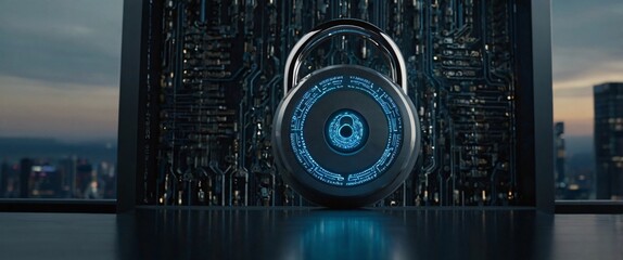 futuristic digital design featuring binary code and a secure network interface symbolizing internet 