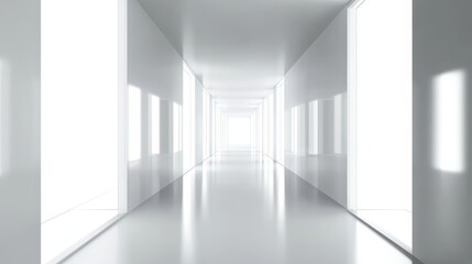 A minimalist hallway with bright white walls and natural light creating a serene and spacious atmosphere.