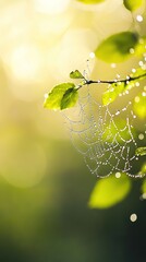 Wall Mural - spider web with water droplets on a tree branch