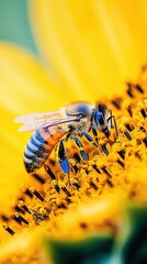   Bee on sunflower against blue sky, yellow flower in focus