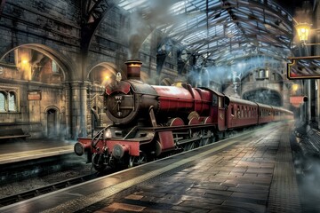 The locomotive is standing on the platform of the station. An old steam locomotive at the station