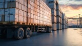 A truck loaded with shipping containers at a port during sunset, showcasing logistics and transportation in a vibrant setting.