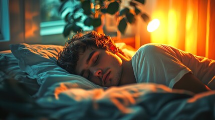 White man sleeping cozily on a comfortable bed in his bedroom at night light shining