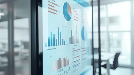 Close-up of business charts and graphs on a digital display in a modern office, showcasing data analysis and performance metrics.