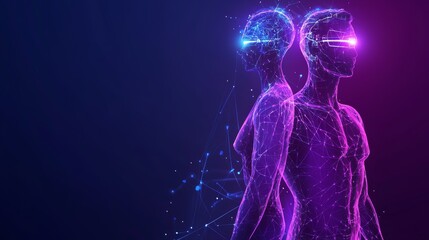 Futuristic digital representation of two human figures with glowing elements, showcasing technology and innovation in virtual reality.