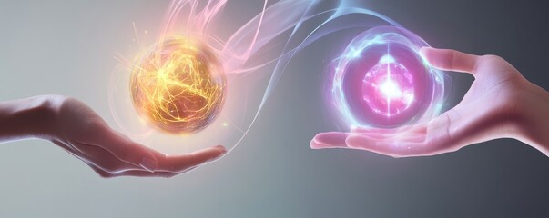 Two hands holding glowing orbs, symbolizing energy, balance, and connection between contrasting forces in a mystical setting.