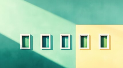   A yellow wall with three windows, a green wall with four windows, and a yellow wall with four windows