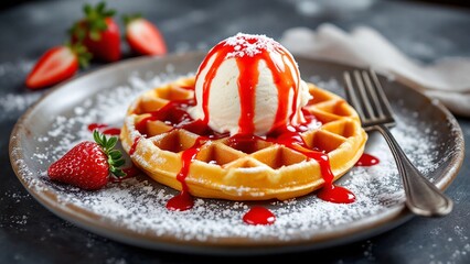 Delicious waffle with ice cream and strawberries, drizzled with syrup, on a dark background