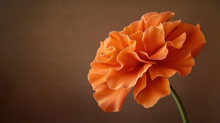   A single orange flower on a brown background with a blurred center