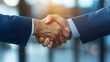 © acoustIcara - Two business professionals shaking hands in agreement, soft focus background.