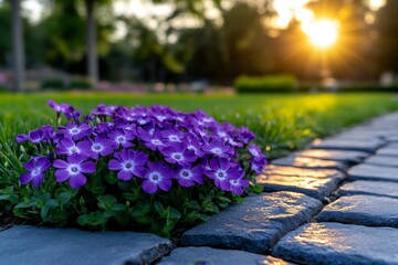 Phlox flowers blooming along a garden path, their soft petals glowing under the bright midday sun