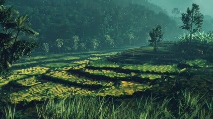 Landscape view of green rice terraces in Asia