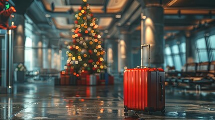 Red suitcase in modern airport with Christmas tree, holiday time, travel