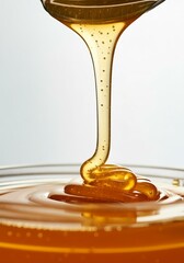 Sweet honey on a white background. Honey flows down the spoon. Macro shot
