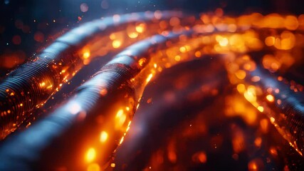 Illuminated fiber-optic network cables glowing in a futuristic digital environment