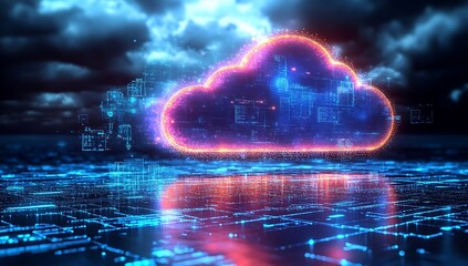 Technology networking and digital communication in business with cloud computing concept web storage for data global social media AI server online binary illustration background modern futuristic
