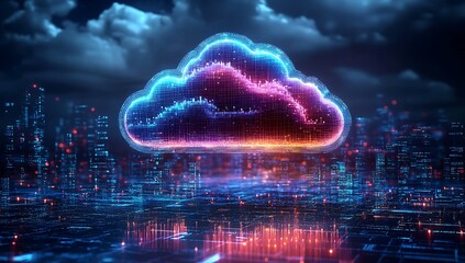 Technology networking and digital communication in business with cloud computing concept web storage for data global social media AI server online binary illustration background modern futuristic
