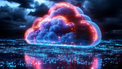 Technology networking and digital communication in business with cloud computing concept web storage for data global social media AI server online binary illustration background modern futuristic
