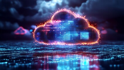 Technology networking and digital communication in business with cloud computing concept web storage for data global social media AI server online binary illustration background modern futuristic