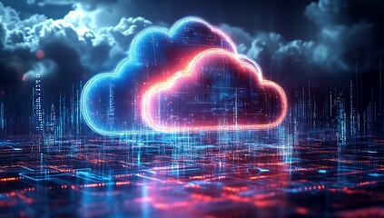 Technology networking and digital communication in business with cloud computing concept web storage for data global social media AI server online binary illustration background modern futuristic