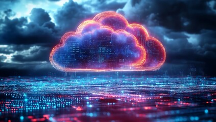 Technology networking and digital communication in business with cloud computing concept web storage for data global social media AI server online binary illustration background modern futuristic