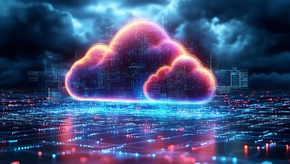 Technology networking and digital communication in business with cloud computing concept web storage for data global social media AI server online binary illustration background modern futuristic