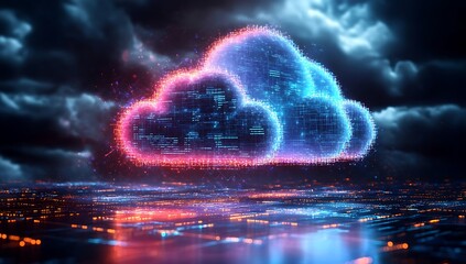 Technology networking and digital communication in business with cloud computing concept web storage for data global social media AI server online binary illustration background modern futuristic