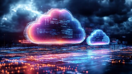 Technology networking and digital communication in business with cloud computing concept web storage for data global social media AI server online binary illustration background modern futuristic