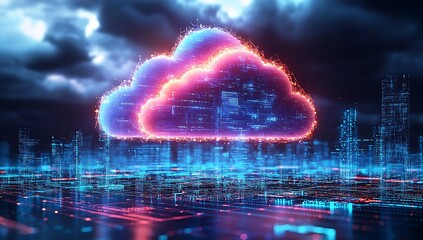 Technology networking and digital communication in business with cloud computing concept web storage for data global social media AI server online binary illustration background modern futuristic
