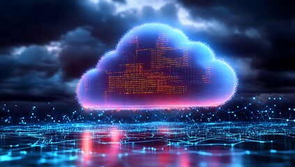 Technology networking and digital communication in business with cloud computing concept web storage for data global social media AI server online binary illustration background modern futuristic