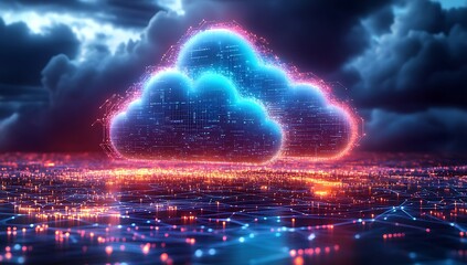 Technology networking and digital communication in business with cloud computing concept web storage for data global social media AI server online binary illustration background modern futuristic