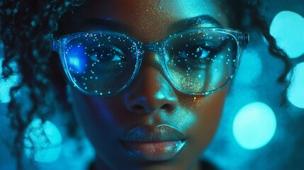 A woman wearing blue glasses and curly hair.