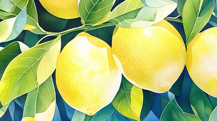   A painting of lemons on a tree branch with green leaves and a blue sky