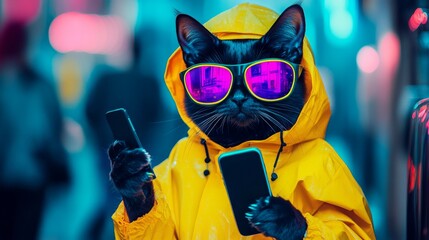 Yellow raincoat and sunglasses on a cat with a cell phone.