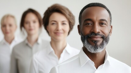 Diverse group of professionals standing in line, showcasing teamwork and collaboration in a modern office environment, a leader who leads