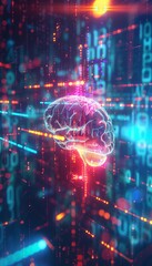 Wall Mural - vibrant ai brain icon surrounded by radiant data streams representing intelligence and innovation