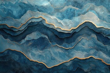 Abstract blue landscape with gold accents showcasing layered textures and depth in design