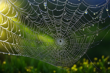 Wall Mural - spider web with morning dew drops, generated by ai