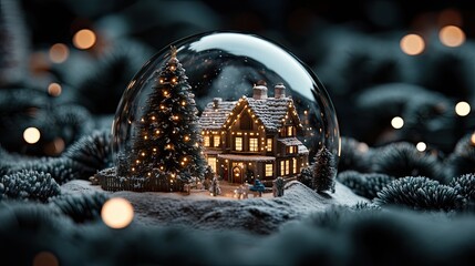 A charming snow globe featuring a cozy, illuminated house and a decorated Christmas tree, capturing the magic of a winter wonderland.