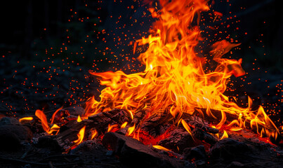 Vibrant Nighttime Campfire Brightly Illuminating the Dark Woodland with Glowing Embers and Orange Flames