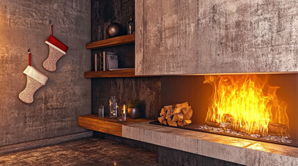 A fireplace with two red stockings hanging from it