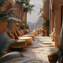 Wall Mural - Desert Oasis Deck Amidst Sandstone Scenery: Exotic and Tranquil Vista