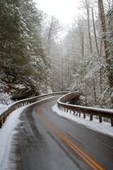 Wall Mural - A tranquil winter scene with a snow covered bridge and road among trees in the mountains