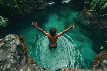 Man diving into clear turquoise water in tropical jungle setting