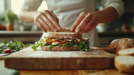 A chef skillfully assembles a sandwich with fresh greens, bacon, and crispy bread on a wooden board in a warmly lit kitchen setting, showcasing culinary creativity.