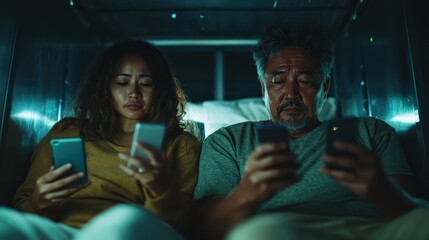 In a softly glowing room, a man and woman sit next to each other, absorbed in their phones, portraying a moment of quiet co-existence between technology and relationship.