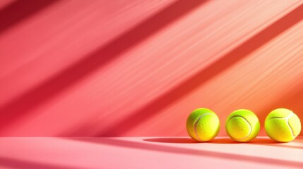 Three bright neon yellow tennis balls sit in a row, dramatically lit by sunlight, casting shadows on a vibrant pink background and giving a sense of motion.