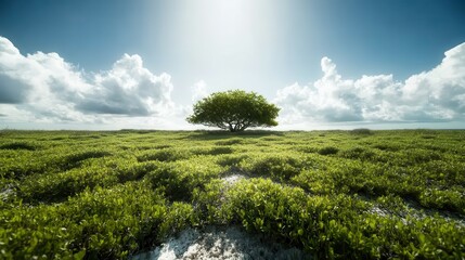 A lush green field spreads out under a bright, clear sky with a single tree at the center, suggesting growth, vitality, and a peaceful harmony with nature.