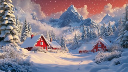 Wall Mural - Winter landscape featuring red cabins amidst snow covered mountains and trees at sunset